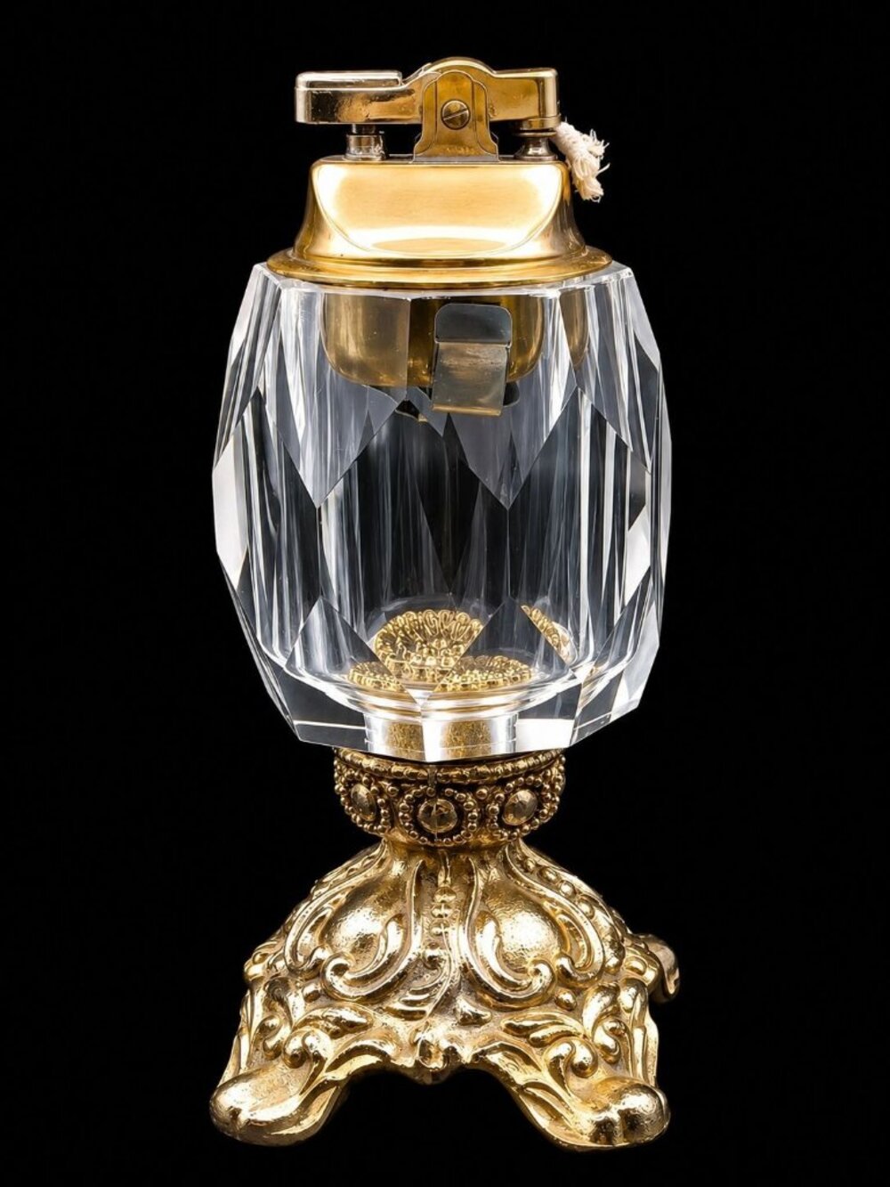 Vintage French MCM Art Deco Hollywood Regency Gold Ormolu Crystal Table Lighter